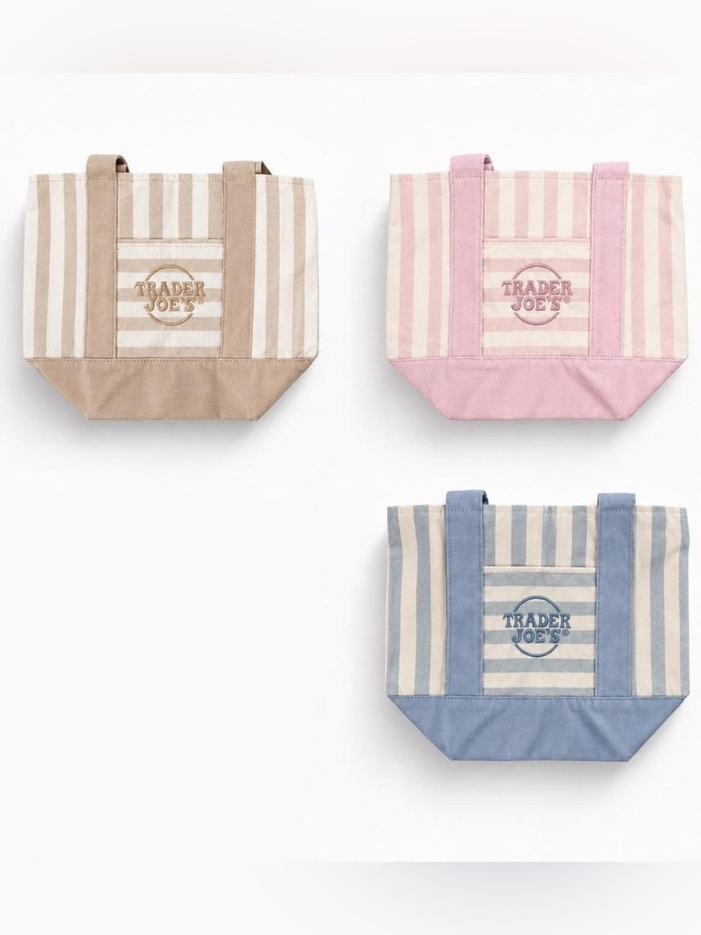 Set of 3 Trader Joe’s Striped Mini Canvas Tote Bag - Pink, Blue, Tan